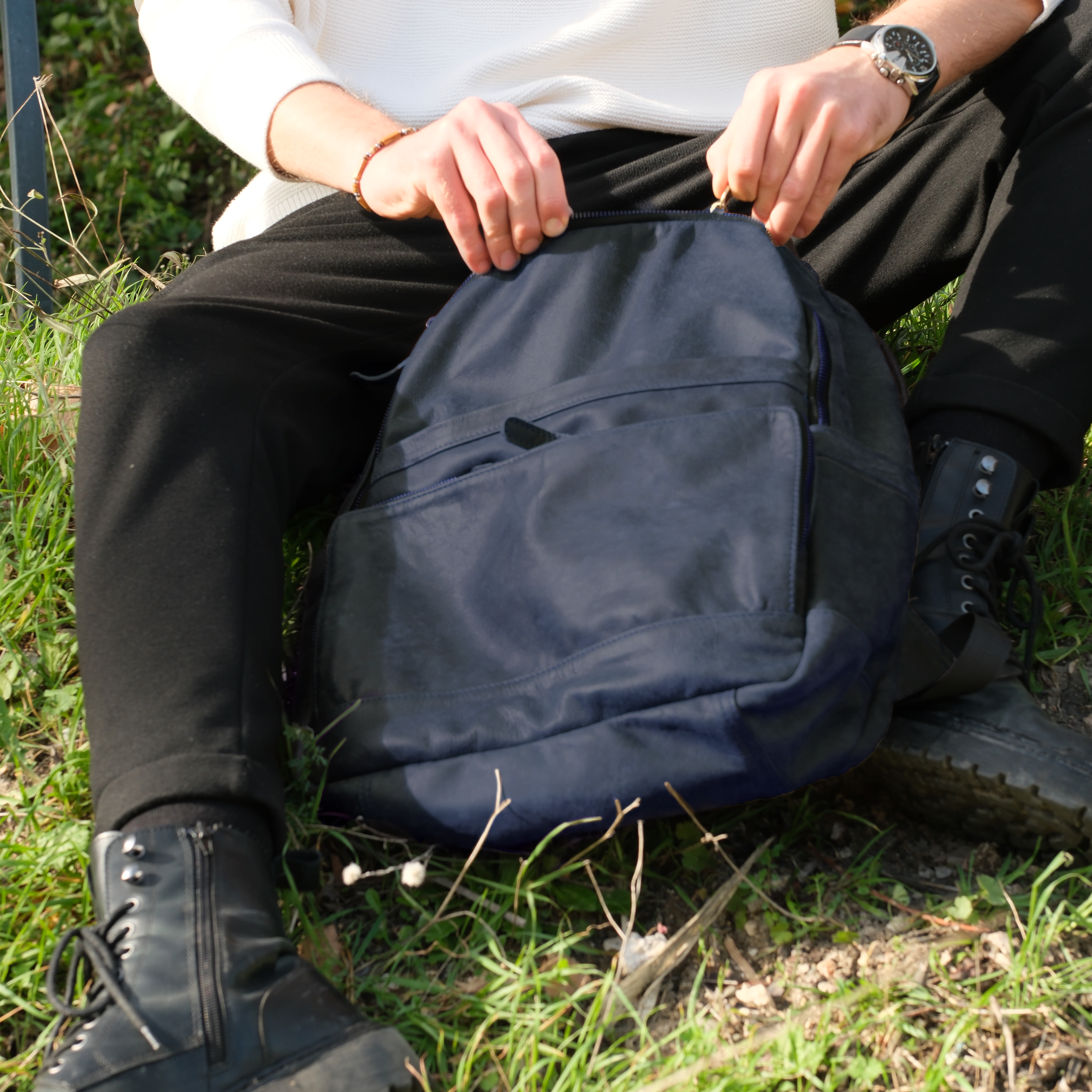 Rotterdam Deri Sırt Çantası - Concrete Denim Blue